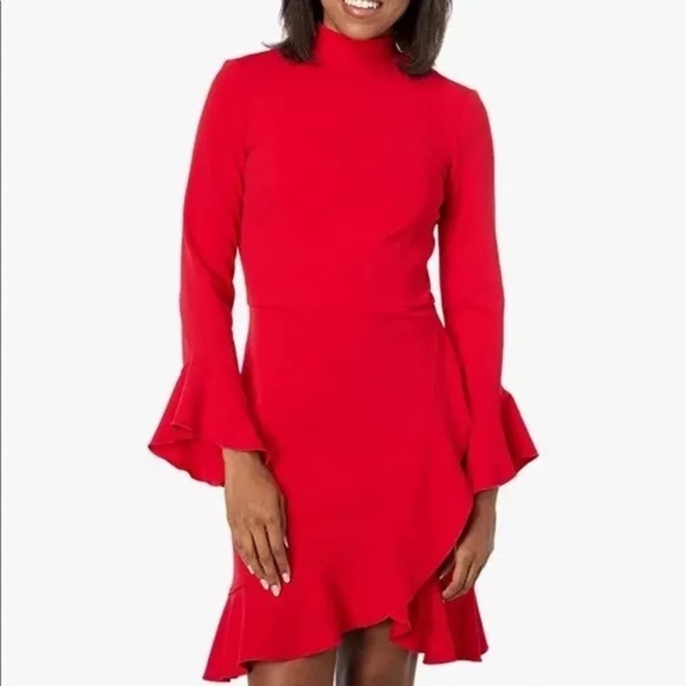 Tommy Hilfiger Scuba Crepe Bell Sleeve Ruffled Hem Dress